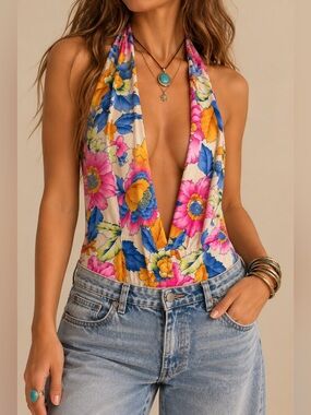 Robin-K XS Floral Plunge Halter Bodysuit Y2K Backless Boho Resort